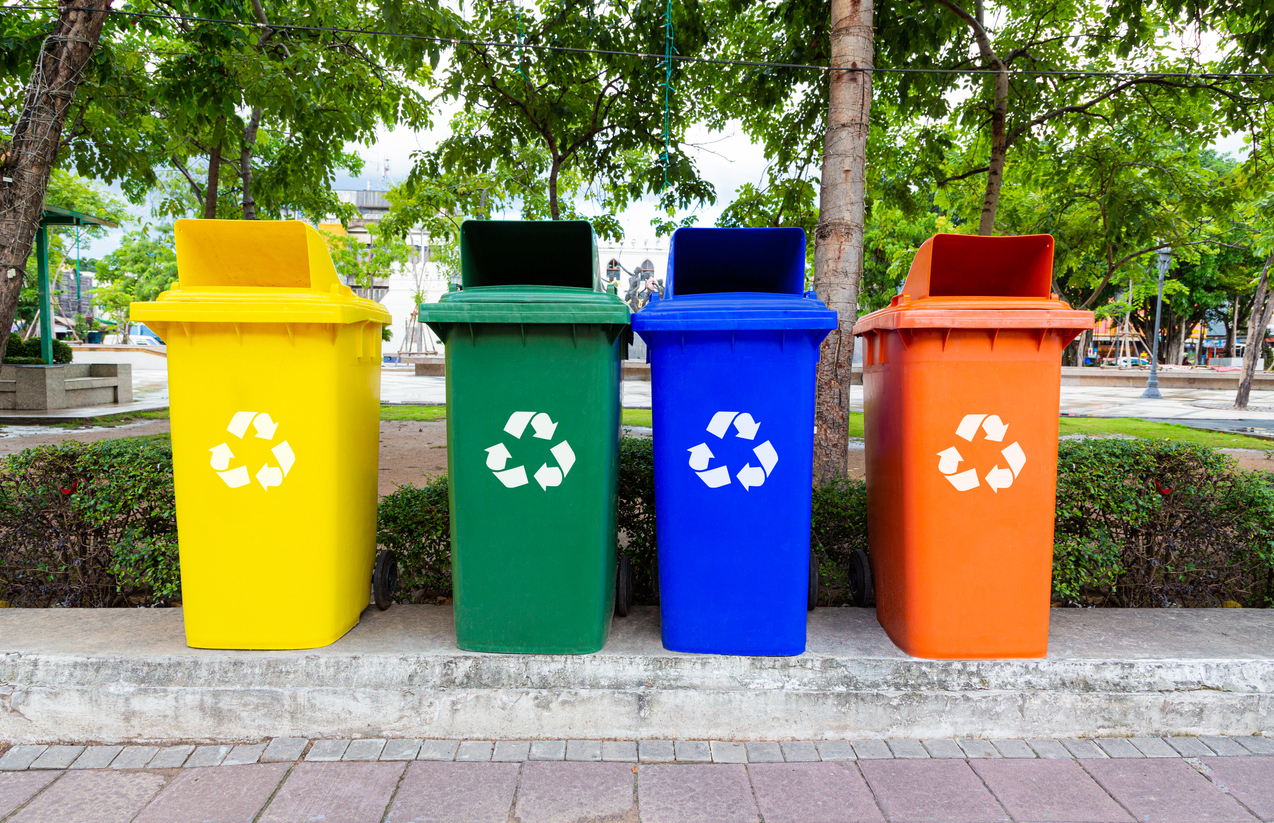 Collection food waste, infection, biodegradable, non biodegradable and recycle trash bin. Four colors recycle bins on the street.